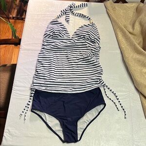 Navy and White Striped Women’s 2 piece swimsuit NWOT
